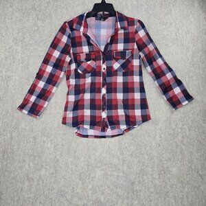 Polly & Esther Womens Red & Navy Plaid Button-Up Shirt Long Sleeve